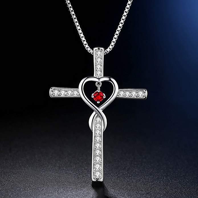 Collar LuxuryGlow "Amor infinito, Dios confiamos" - Colgante de cristal con cruz cristiana y piedra natal para mujer