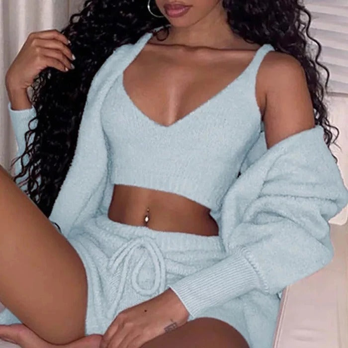3pcs Womens Clothing Long Sleeve Crop Tank Top And Drawstring Shorts Pajama Set - LUXURY GLOW