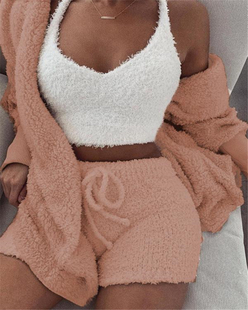 3pcs Womens Clothing Long Sleeve Crop Tank Top And Drawstring Shorts Pajama Set - LUXURY GLOW