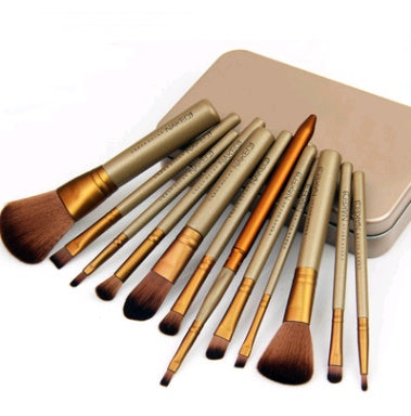 Juego de 12 brochas de maquillaje LuxuryGlow con estuche de hierro: cerdas de rayón y mangos de madera