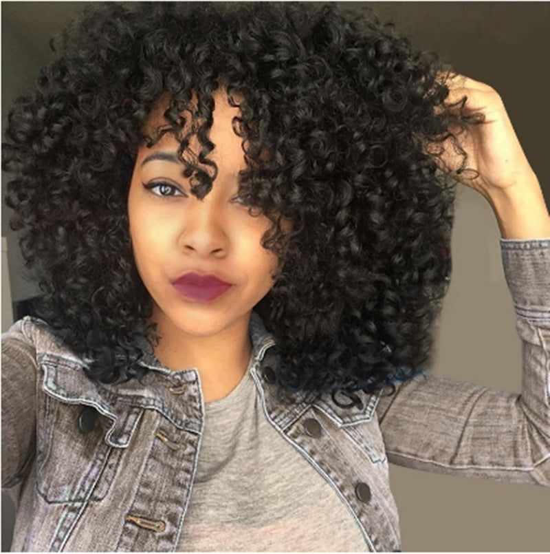 LuxuryGlow Short Curly Wig for Women – African-Inspired Fluffy Bob with Bangs