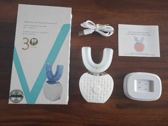 Cepillo de dientes eléctrico automático LuxuryGlow 360°: en forma de U, luz azul, resistente al agua y recargable por USB.