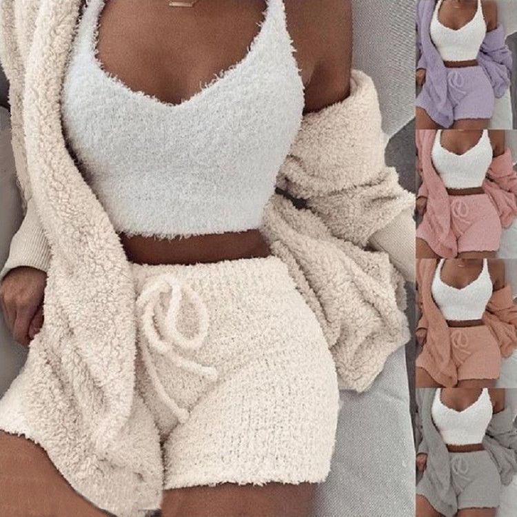 3pcs Womens Clothing Long Sleeve Crop Tank Top And Drawstring Shorts Pajama Set - LUXURY GLOW