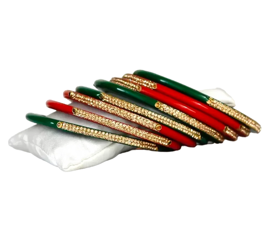 LuxuryGlow Lac Bangles Exquisite Set of 8 Red & Green Enamel Lac Bangles – Handcrafted Indian Jewelry