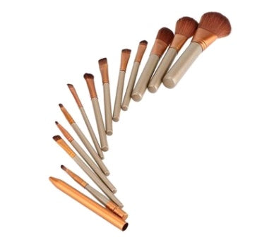 Juego de 12 brochas de maquillaje LuxuryGlow con estuche de hierro: cerdas de rayón y mangos de madera