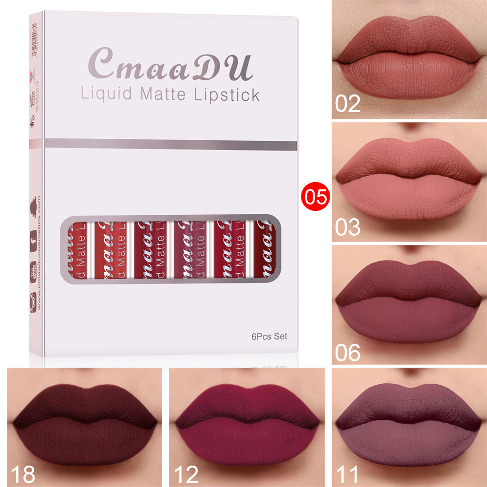 Set de 6 brillos labiales mate resistentes al agua CmaaDu: acabado duradero y antiadherente