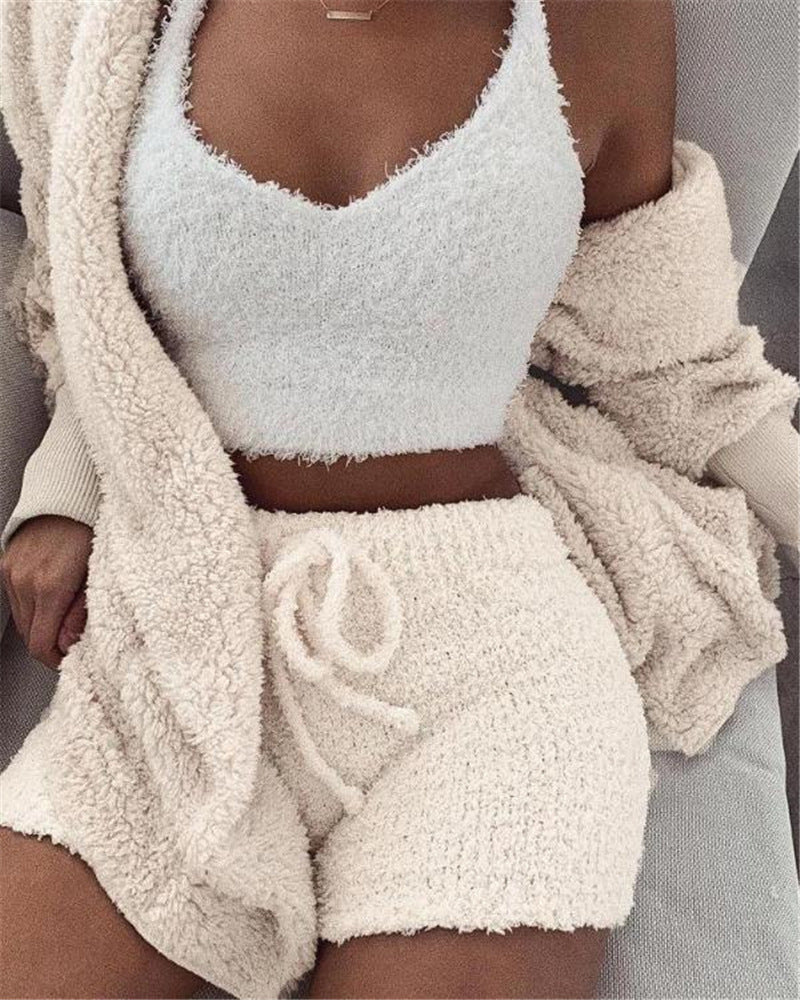 3pcs Womens Clothing Long Sleeve Crop Tank Top And Drawstring Shorts Pajama Set - LUXURY GLOW