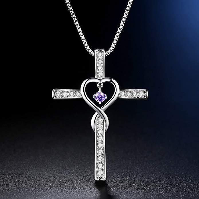 Collar LuxuryGlow "Amor infinito, Dios confiamos" - Colgante de cristal con cruz cristiana y piedra natal para mujer