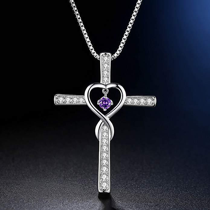 Collar LuxuryGlow "Amor infinito, Dios confiamos" - Colgante de cristal con cruz cristiana y piedra natal para mujer