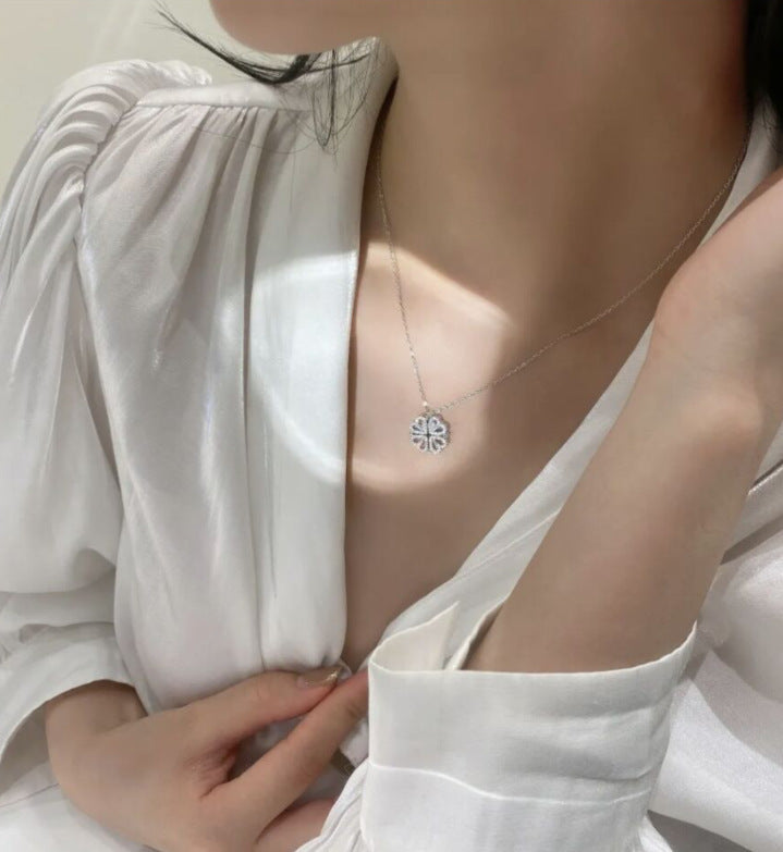 Retro Magnetic Folding Heart Shaped Four Leaf Clover Pendant Necklace Women Love Clavicle Chain Gifts Openable Choker Jewelry - LUXURY GLOW