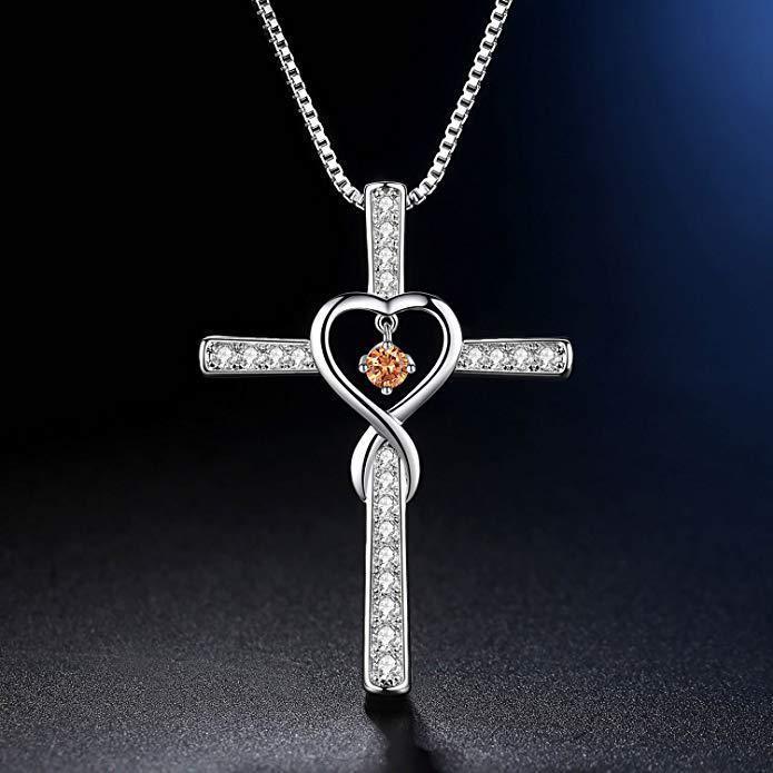 Collar LuxuryGlow "Amor infinito, Dios confiamos" - Colgante de cristal con cruz cristiana y piedra natal para mujer