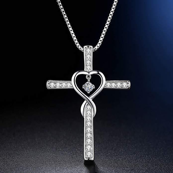 Collar LuxuryGlow "Amor infinito, Dios confiamos" - Colgante de cristal con cruz cristiana y piedra natal para mujer