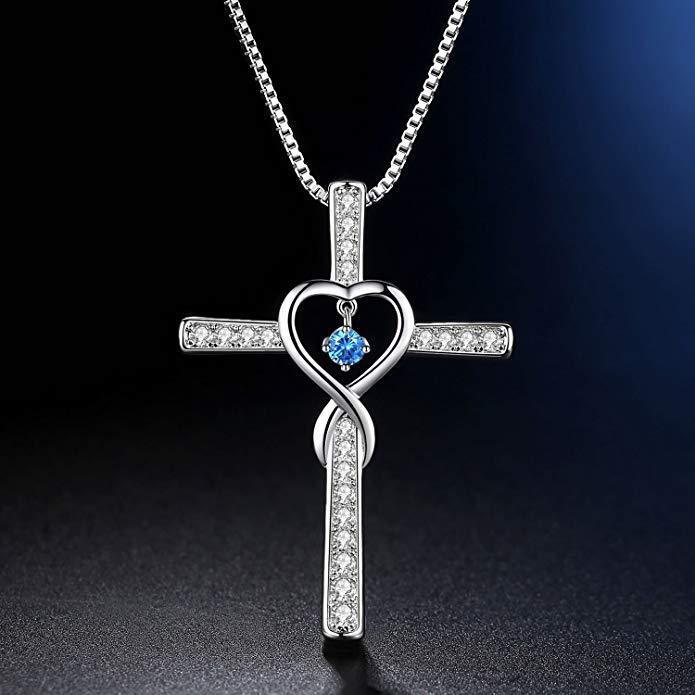Collar LuxuryGlow "Amor infinito, Dios confiamos" - Colgante de cristal con cruz cristiana y piedra natal para mujer