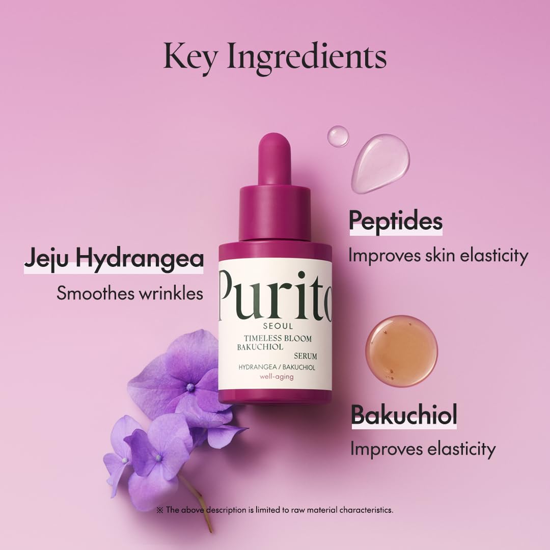 PURITO Seoul Timeless Bloom Bakuchiol Serum | Anti-Aging, Fine Line & Wrinkle Care | Korean Hydrangea, Sensitive Skin-Friendly, 30ml