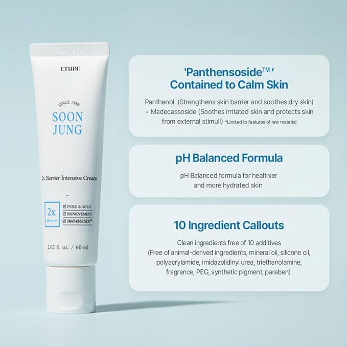 ETUDE SoonJung 2x Barrier Intensive Cream – Hydrating Face Moisturizer with Panthenol & Shea Butter | Hypoallergenic Korean Skincare for Sensitive Skin (2.02 fl oz)