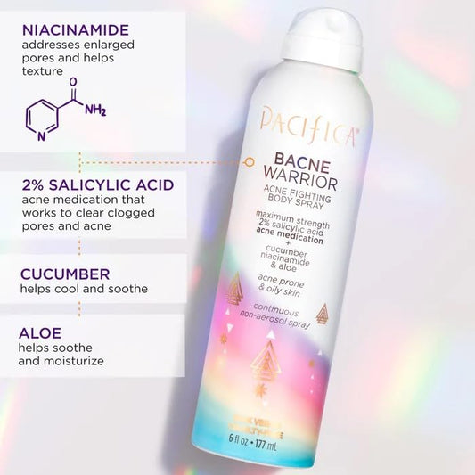 Pacifica Bacne Acne Cleanser Spray – 2% Salicylic Acid Body Mist for Back, Chest & Body Acne | Niacinamide & Aloe | Vegan & Dermatologist Tested – 6oz