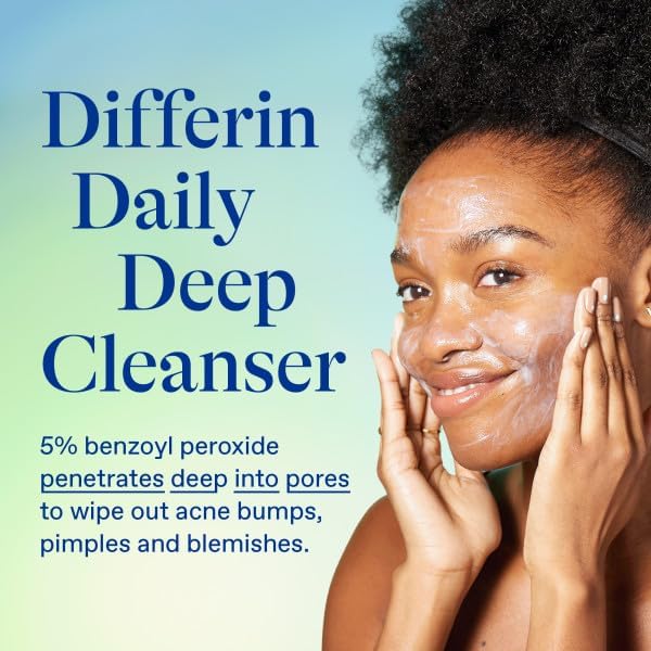 Differin Acne Face Wash with 5% Benzoyl Peroxide – Daily Deep Cleanser for Sensitive, Acne-Prone Skin, 4oz