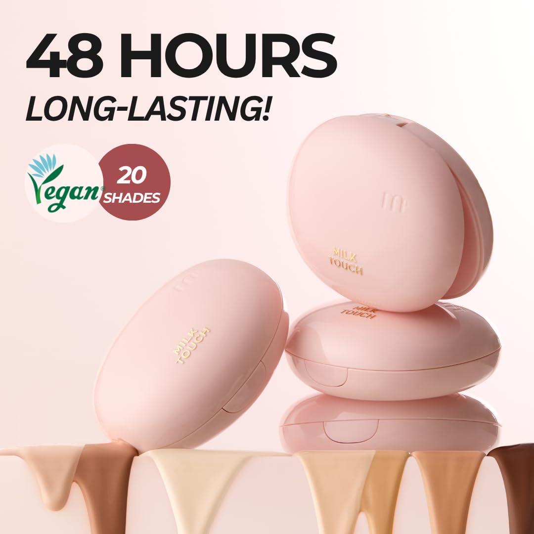 MilkTouch Cushion Foundation – 24H Hydrating Korean Foundation with Radiant, Crease-Free & Non-Oxidizing Coverage (21N Natural Beige)