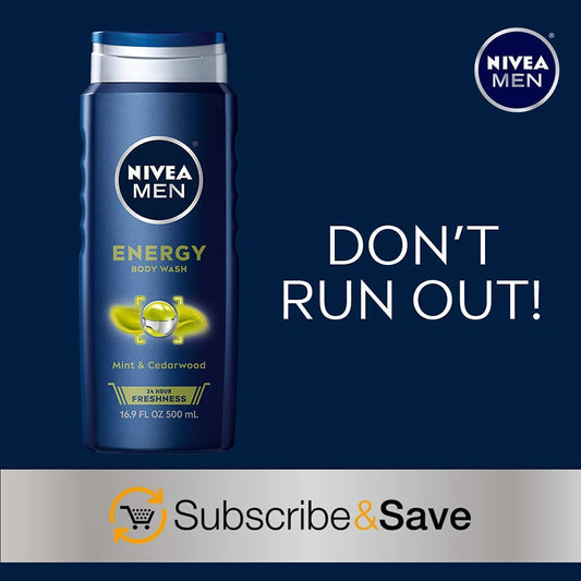 NIVEA Men Energy Body Wash with Mint & Cedarwood – 3-in-1 Face, Hair & Body Cleanser, Long-Lasting Freshness, Pack of 3 (16.9 fl oz Each)