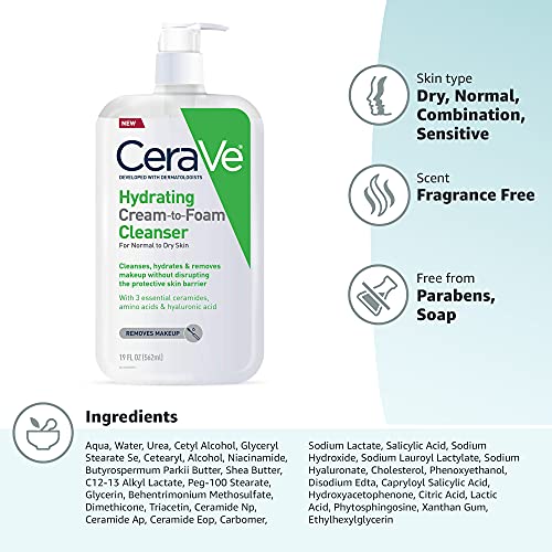 CeraVe Hydrating Cream-to-Foam Cleanser – 16 oz Refill, Makeup Remover & Face Wash for Dry Skin
