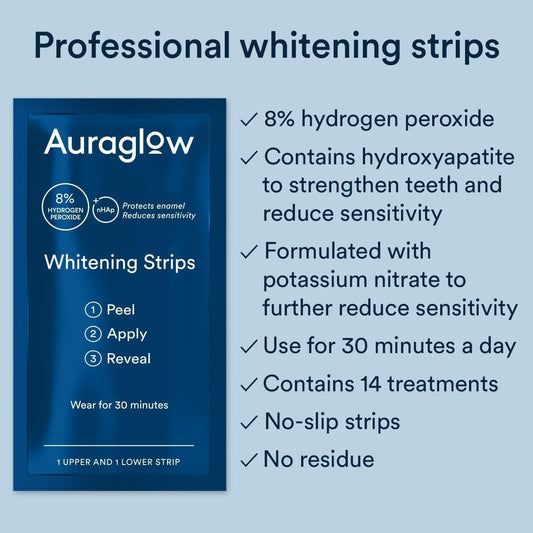 Auraglow Teeth Whitening Strips – 14 Treatments, 8% Hydrogen Peroxide with Nano Hydroxyapatite, Enamel Safe & Sensitivity-Free, Mint Flavor (28 Strips)