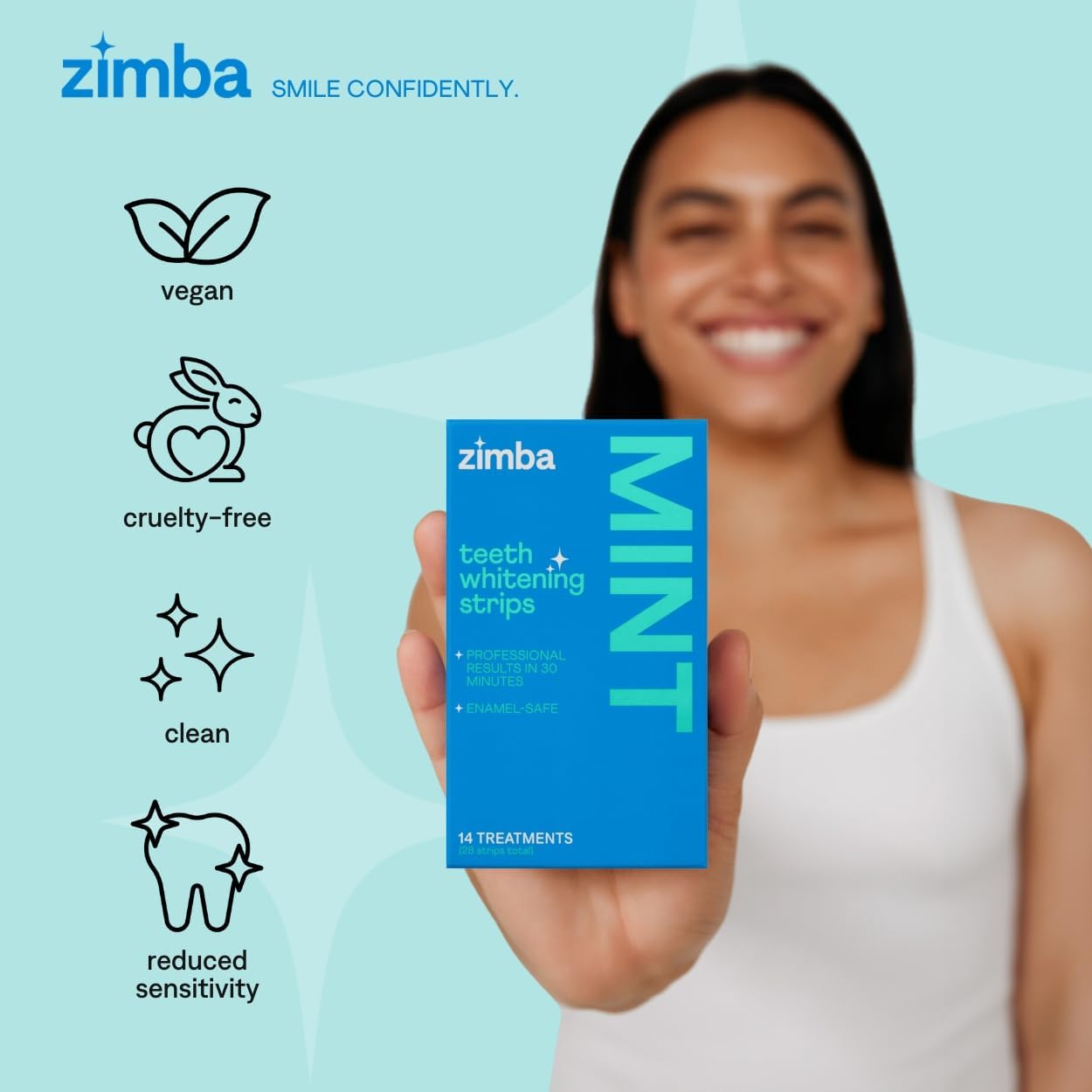 Tiras blanqueadoras dentales veganas Zimba – Sabor a menta, paquete de 28 | Protegen el esmalte dental, reducen la sensibilidad, no contienen peróxido de hidrógeno y son ideales para manchas de café, vino y tabaco.