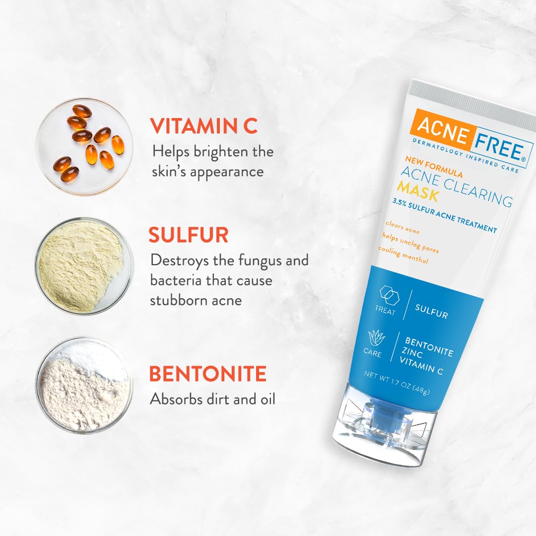 AcneFree Acne Clearing Mask – 3.5% Sulfur Treatment with Vitamin C, Bentonite & Zinc – Absorbs Oil, Unclogs Pores & Reduces Breakouts, 1.7 oz