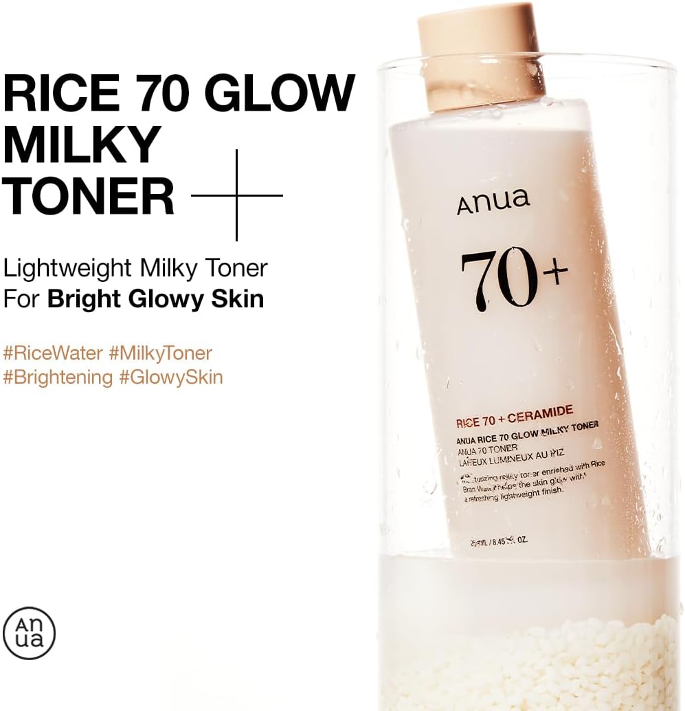 ANUA Rice 70 Glow Milky Toner – Hydrating Korean Face Toner with Rice Water, Niacinamide & Ceramides for Glass Skin & Healthy Skin Barrier (250ml / 8.45 fl.oz)