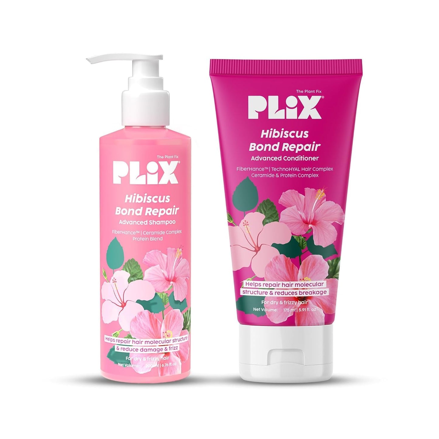 PLI'X Hibiscus Bond Repair Shampoo & Conditioner Set | FiberHance™ + TechnoHYAL Complex for Stronger, Hydrated, Frizz-Free Hair