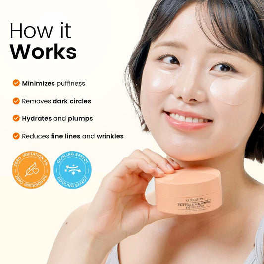 SEONGLOW Caffeine Under Eye Patches – 30 Pairs Korean Hydrogel Masks for Dark Circles, Puffiness & Fine Lines | Hydrating, Brightening & Anti-Wrinkle Care