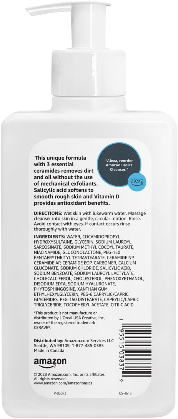 Amazon Basics Salicylic Acid Face Wash – Renewing Cleanser with Ceramides & Vitamin D | Gentle Exfoliating Daily Face Wash for Normal Skin, Unscented (8oz)