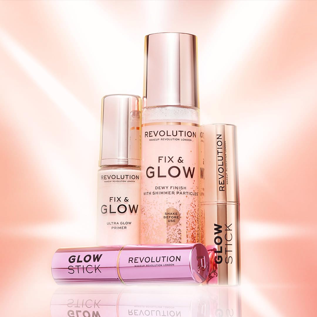 Makeup Revolution Fix & Glow Fixing Spray – Hydrating & Illuminating Face Mist with Shimmer, Vegan & Cruelty-Free, 3.38 fl oz