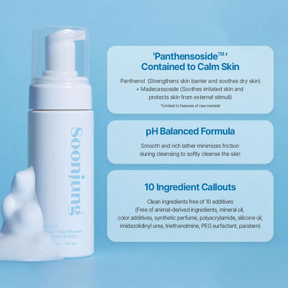 ETUDE SoonJung pH 6.5 Whip Cleanser – Gentle Hydrating Foam Face Wash for Sensitive Skin | Vegan, Non-Comedogenic, Low-pH Korean Cleanser (150ml)