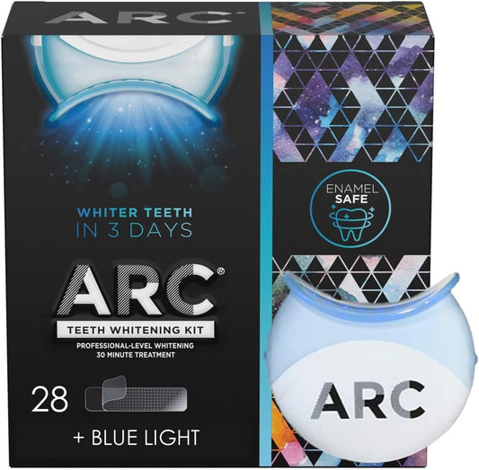 ARC Blue Light Teeth Whitening Kit – 28 Strips & Blue Light for Pro-Level Whitening, Enamel-Safe, 14 Treatments
