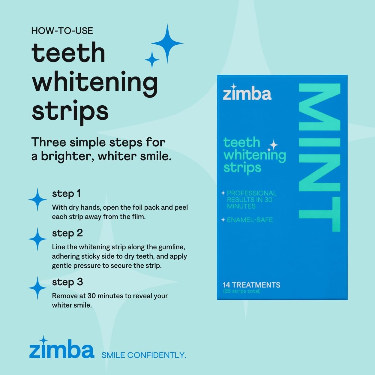 Tiras blanqueadoras dentales veganas Zimba – Sabor a menta, paquete de 28 | Protegen el esmalte dental, reducen la sensibilidad, no contienen peróxido de hidrógeno y son ideales para manchas de café, vino y tabaco.