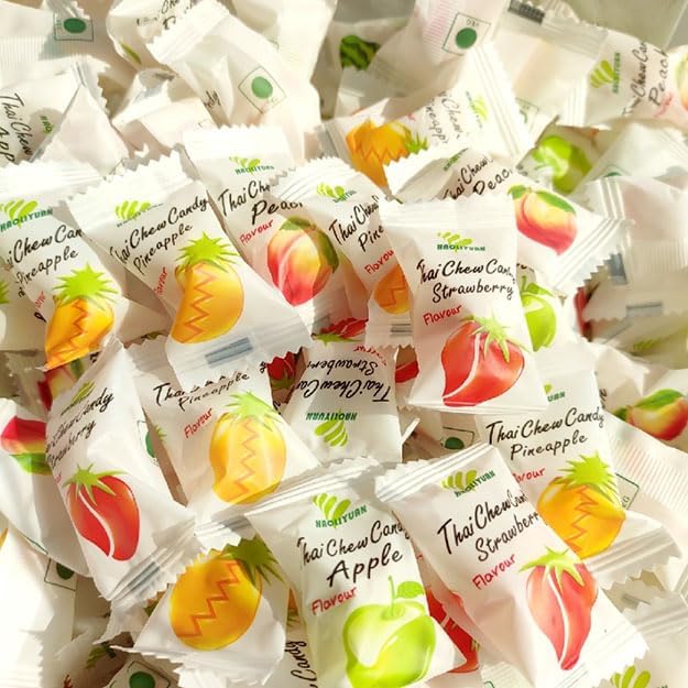 Haoliyuan Thai Chewy Candy | Mixed Fruit Flavours (Peach, Pineapple & Watermelon) | 80pcs | 280g | Soft & Fruity Candy | Imported Sweets