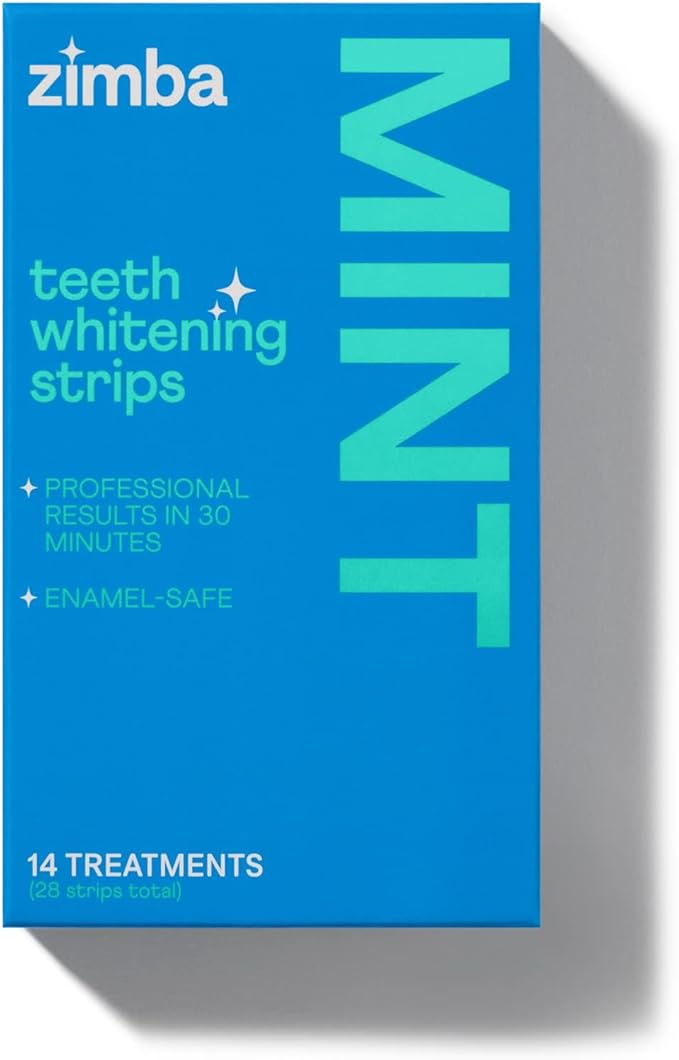 Tiras blanqueadoras dentales veganas Zimba – Sabor a menta, paquete de 28 | Protegen el esmalte dental, reducen la sensibilidad, no contienen peróxido de hidrógeno y son ideales para manchas de café, vino y tabaco.