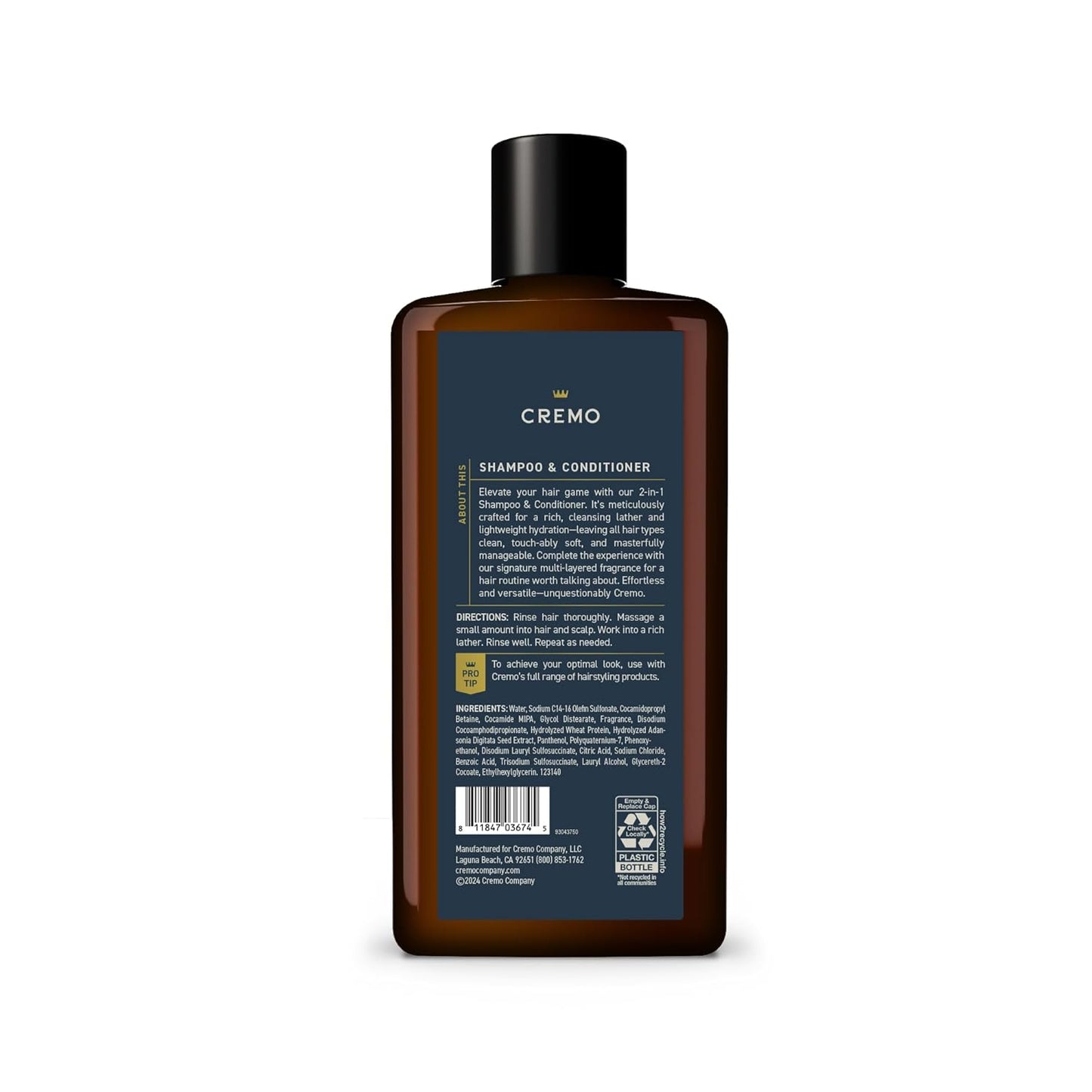 Cremo Palo Santo 2-in-1 Shampoo & Conditioner – Barber Grade Hydrating Cleanse with Cardamom, Papyrus & Palo Santo – 16 fl oz