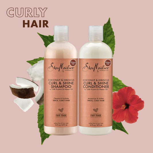 SheaMoisture Coconut & Hibiscus Curl & Shine Shampoo & Conditioner Set – Frizz Control & Curl Definition, Sulfate-Free, 16oz Each