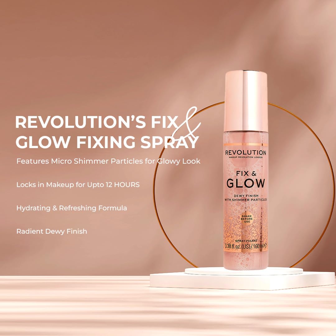 Makeup Revolution Fix & Glow Fixing Spray – Hydrating & Illuminating Face Mist with Shimmer, Vegan & Cruelty-Free, 3.38 fl oz