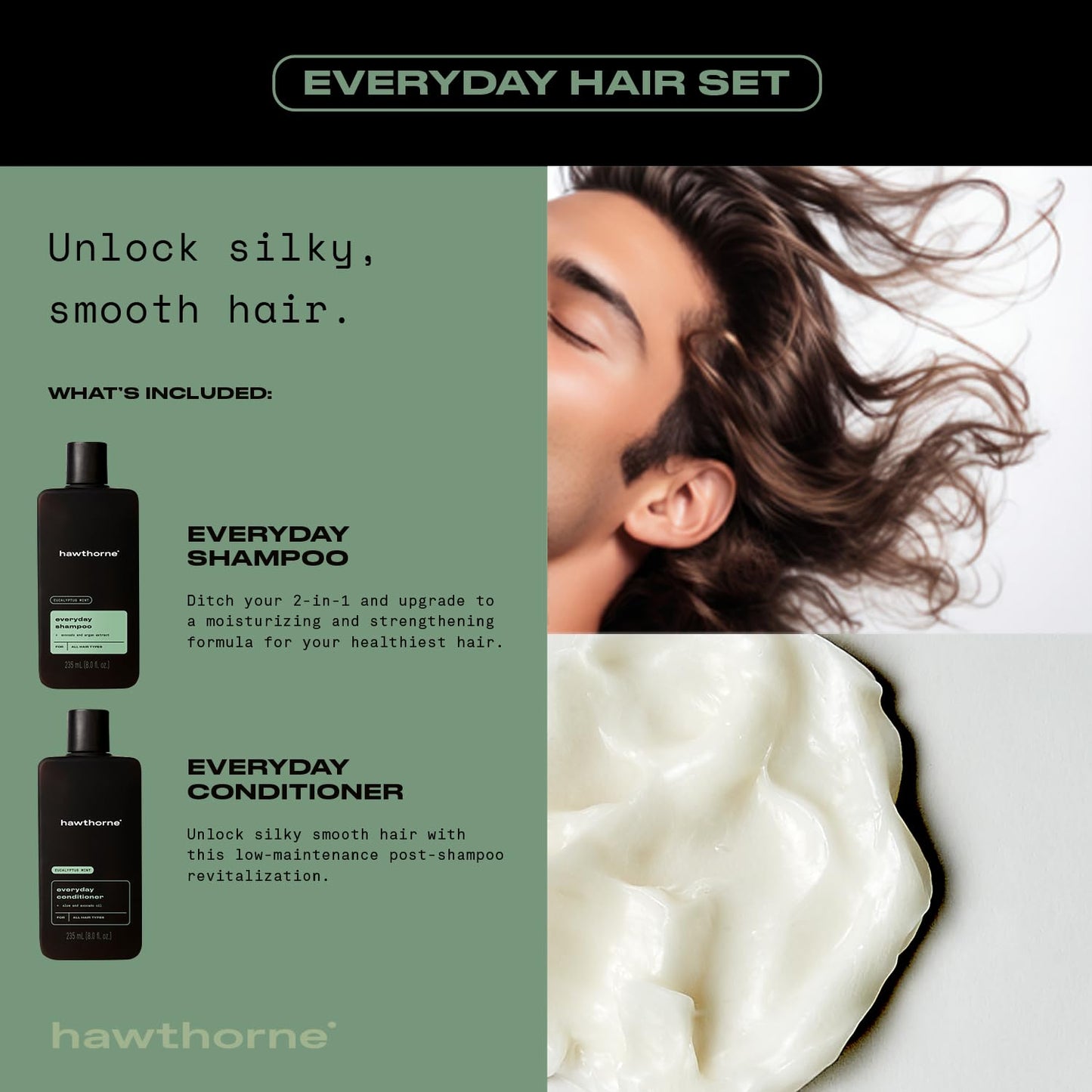 Hawthorne Men’s Everyday Shampoo & Conditioner Set – Sulfate-Free with Avocado & Coconut Oil – Mint & Eucalyptus Scent, 8 fl oz Each