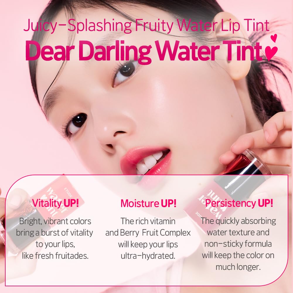 ETUDE Dear Darling Water Tint – Cherry Ade | Vivid, Smudge-Proof & Hydrating Lip Stain | Lightweight Korean Lip Tint (9g)