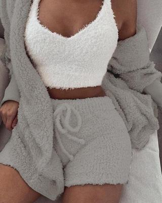 3pcs Womens Clothing Long Sleeve Crop Tank Top And Drawstring Shorts Pajama Set - LUXURY GLOW