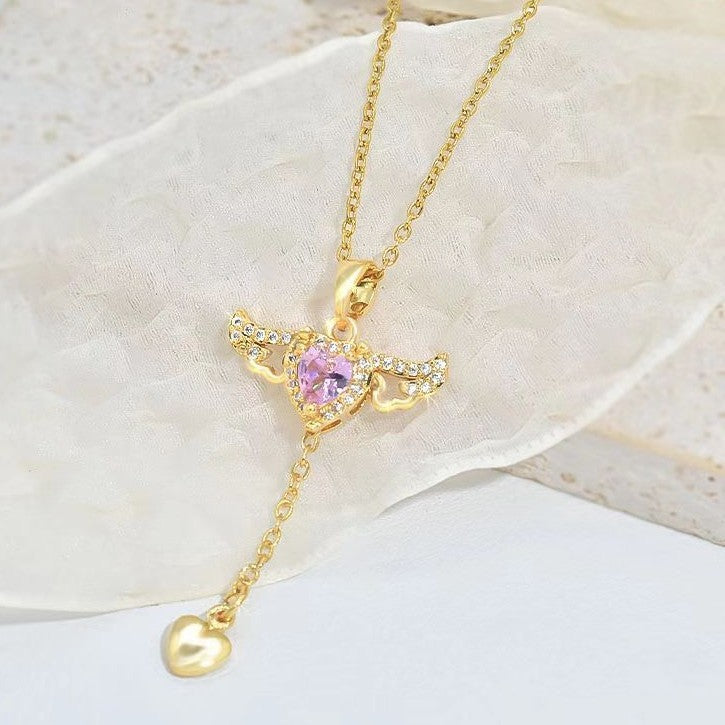 Collar con borlas y alas de ángel de Cupido en movimiento de lujo con cadena de clavícula de cristal, regalo de San Valentín para mujer.