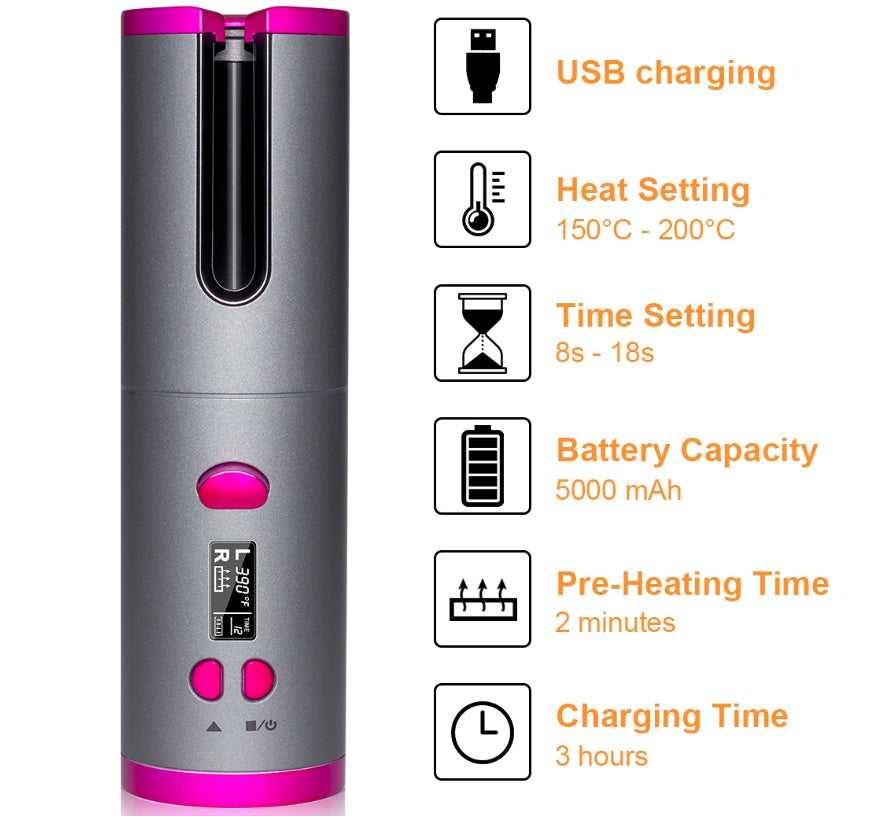 مكواة تجعيد الشعر الذكية القابلة لإعادة الشحن عبر USB من LuxuryGlow - 6 درجات حرارة