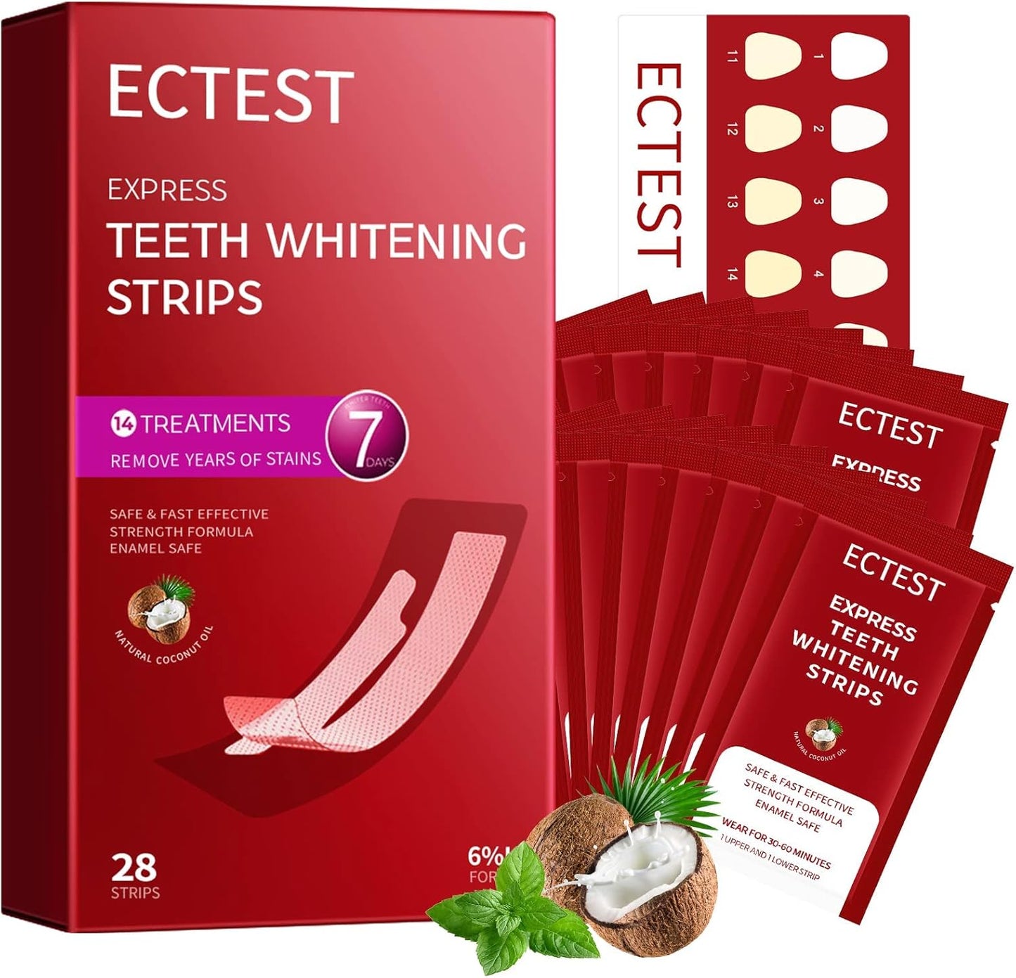 ECTEST Teeth Whitening Strips for Sensitive Teeth – Professional Coconut Flavor Whitening Kit, 14-Day Treatment (28 Strips)