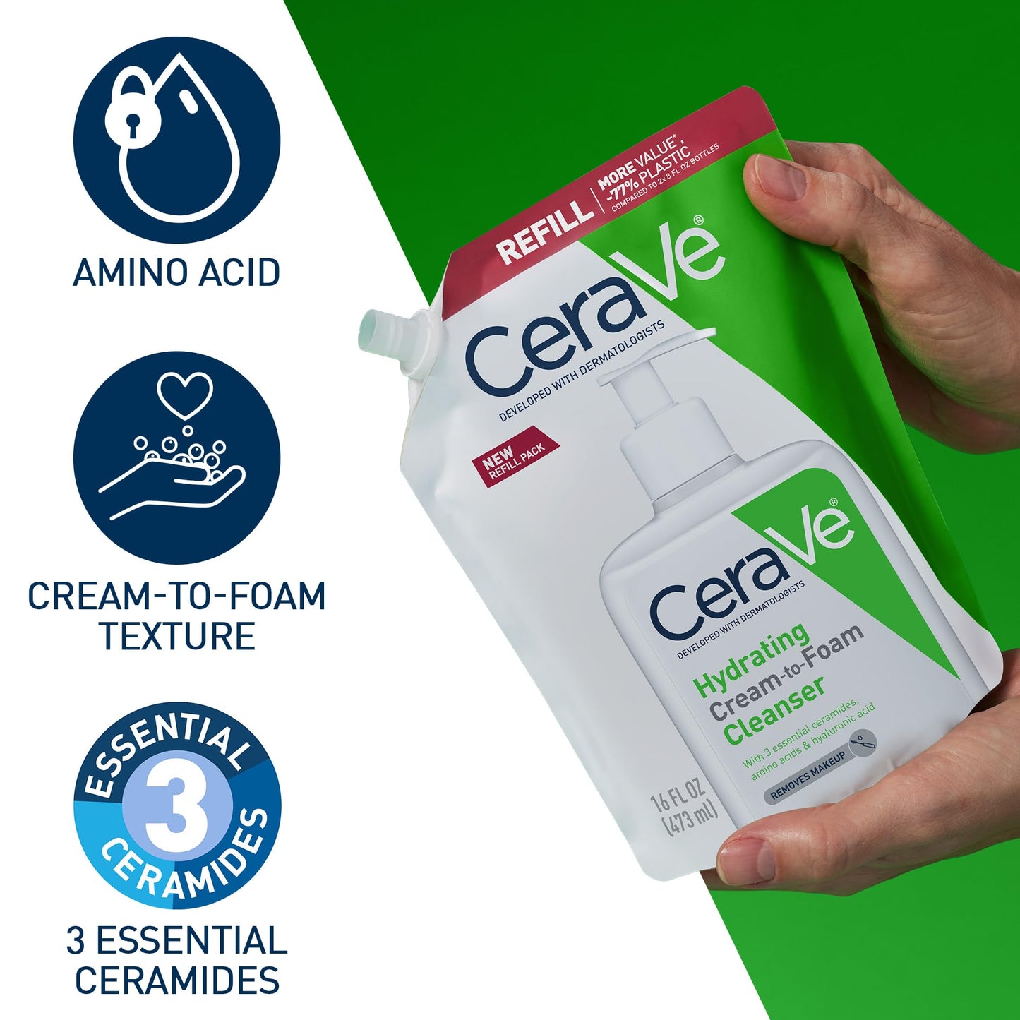CeraVe Hydrating Cream-to-Foam Cleanser – 16 oz Refill, Makeup Remover & Face Wash for Dry Skin