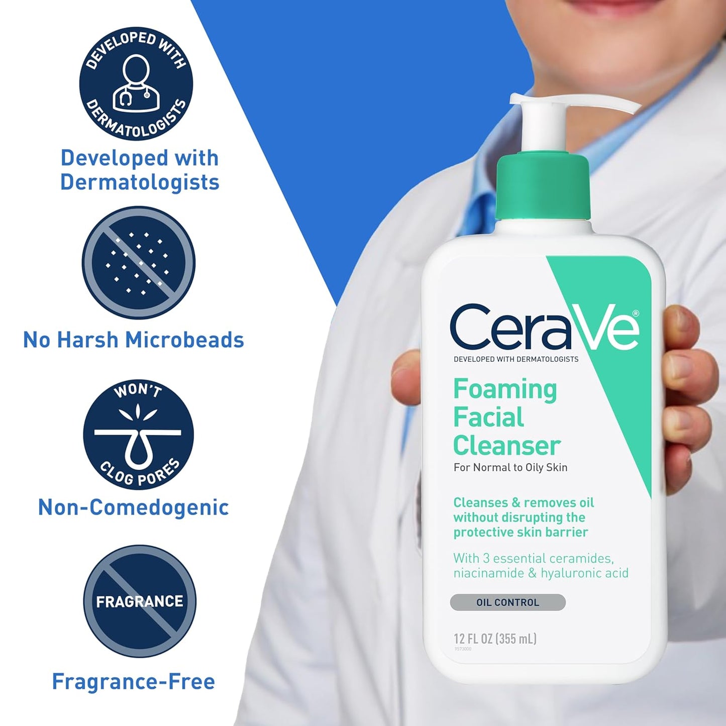 CeraVe Foaming Facial Cleanser for Normal to Oily Skin – Oil Control Face Wash with Hyaluronic Acid, Ceramides & Niacinamide, Fragrance-Free, 16oz
