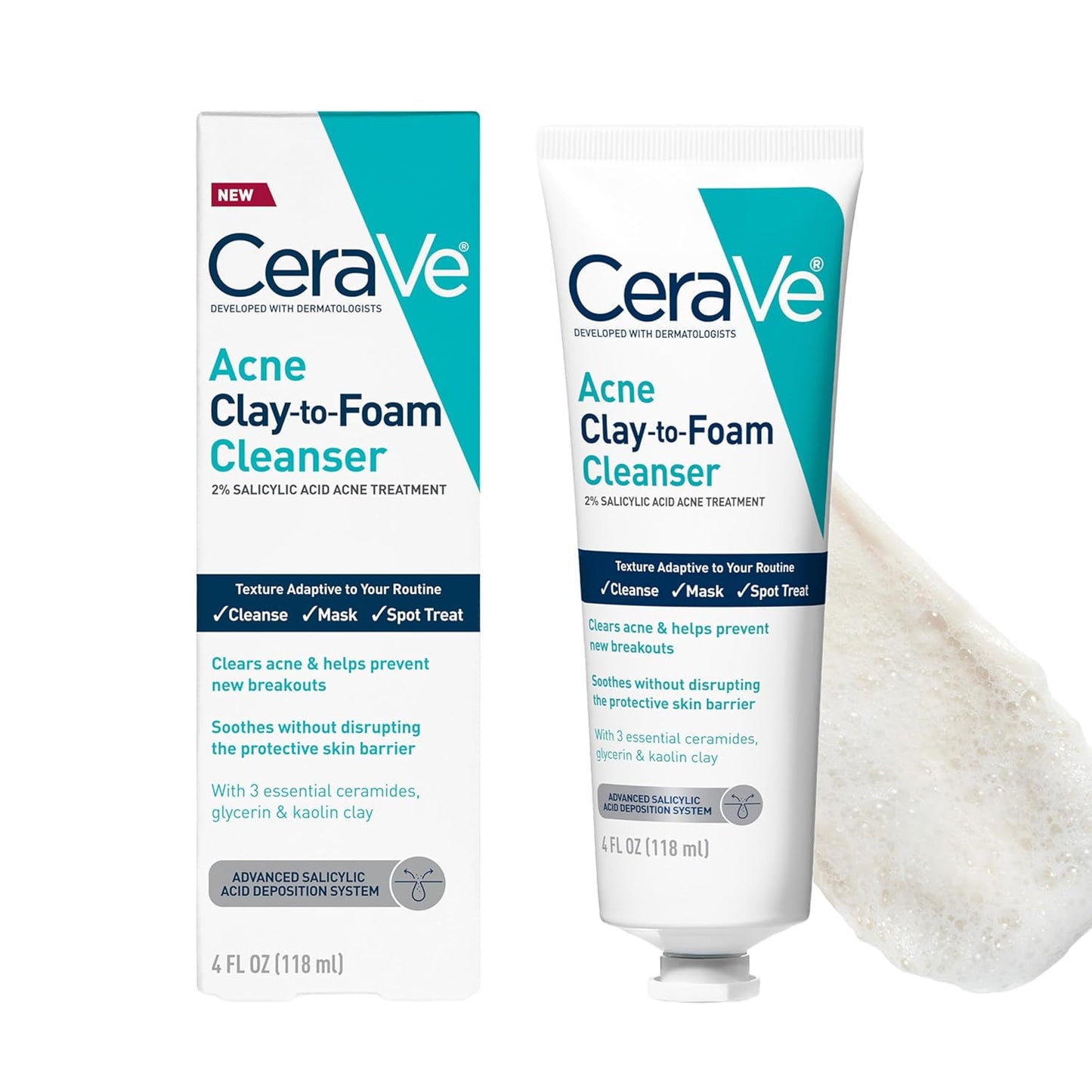 Limpiador facial para el acné CeraVe Clay-To-Foam con ácido salicílico y arcilla de caolín – 113 ml