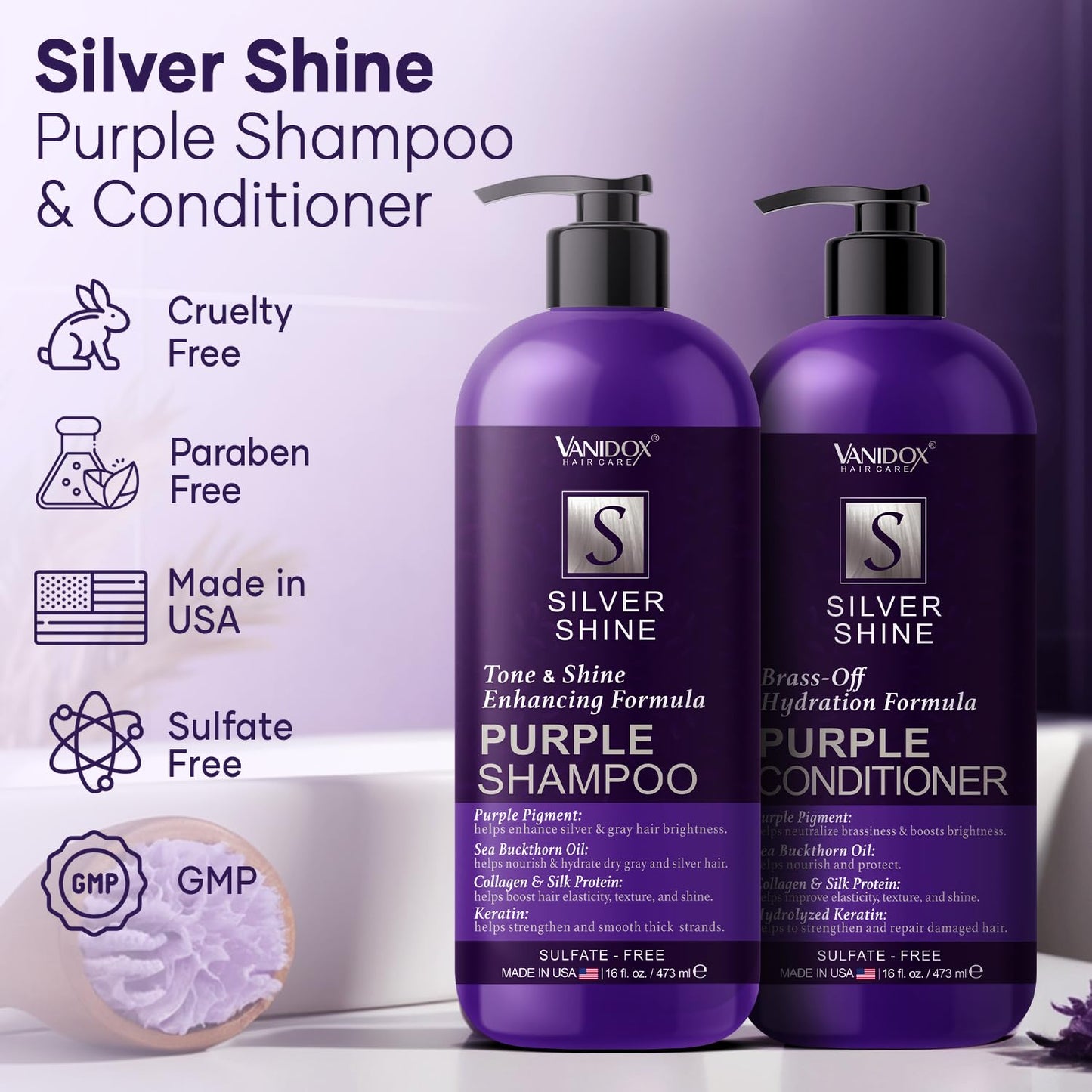 VANIDOX Purple Shampoo & Conditioner Set | Sulfate-Free Brass Toning for Grey & Silver Hair | Moisturizing, Shine-Boosting & Color-Safe (16 fl oz x 2)